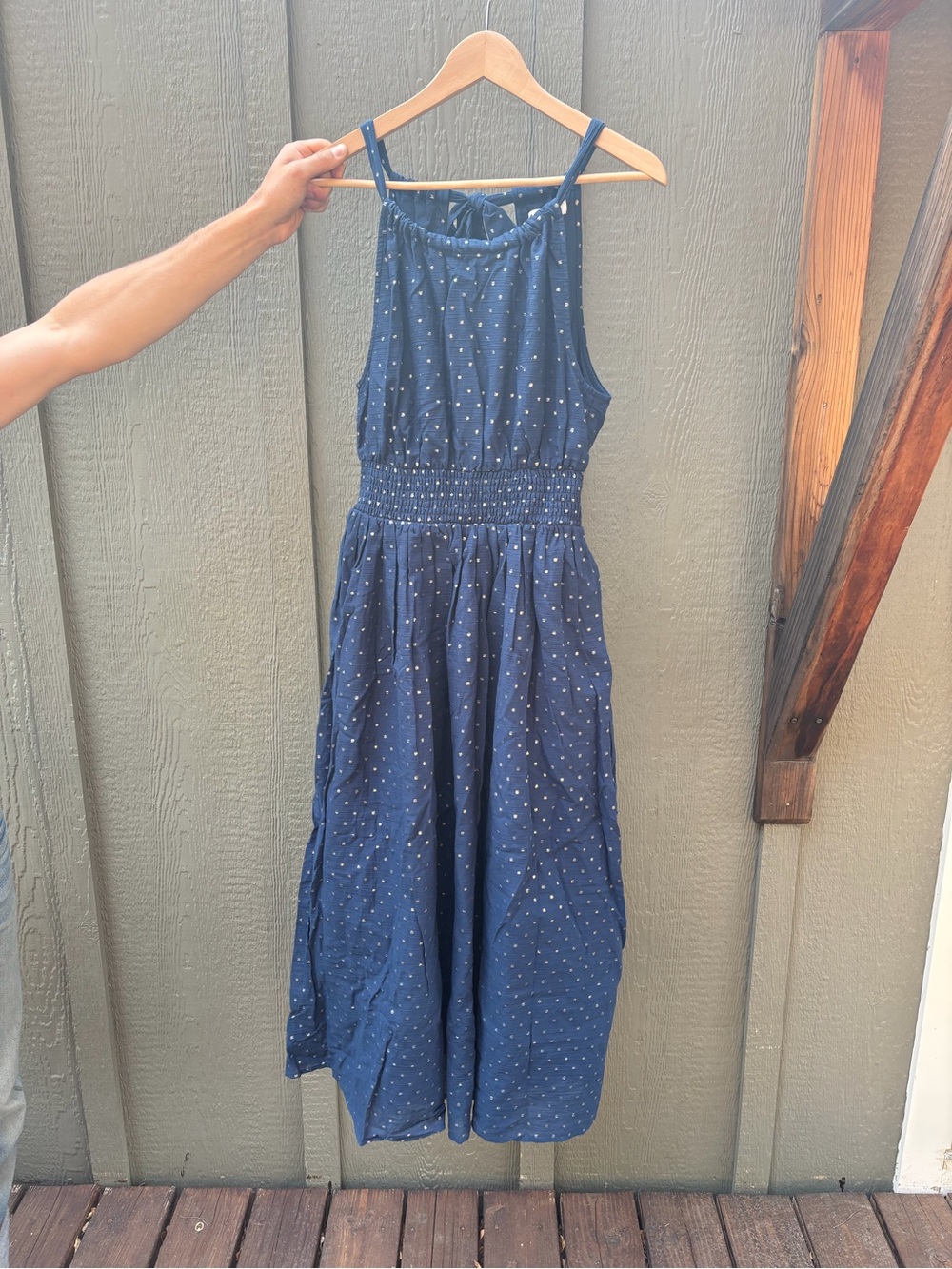 Boden Navy Blue Polka Dot Smocked Midi Dress